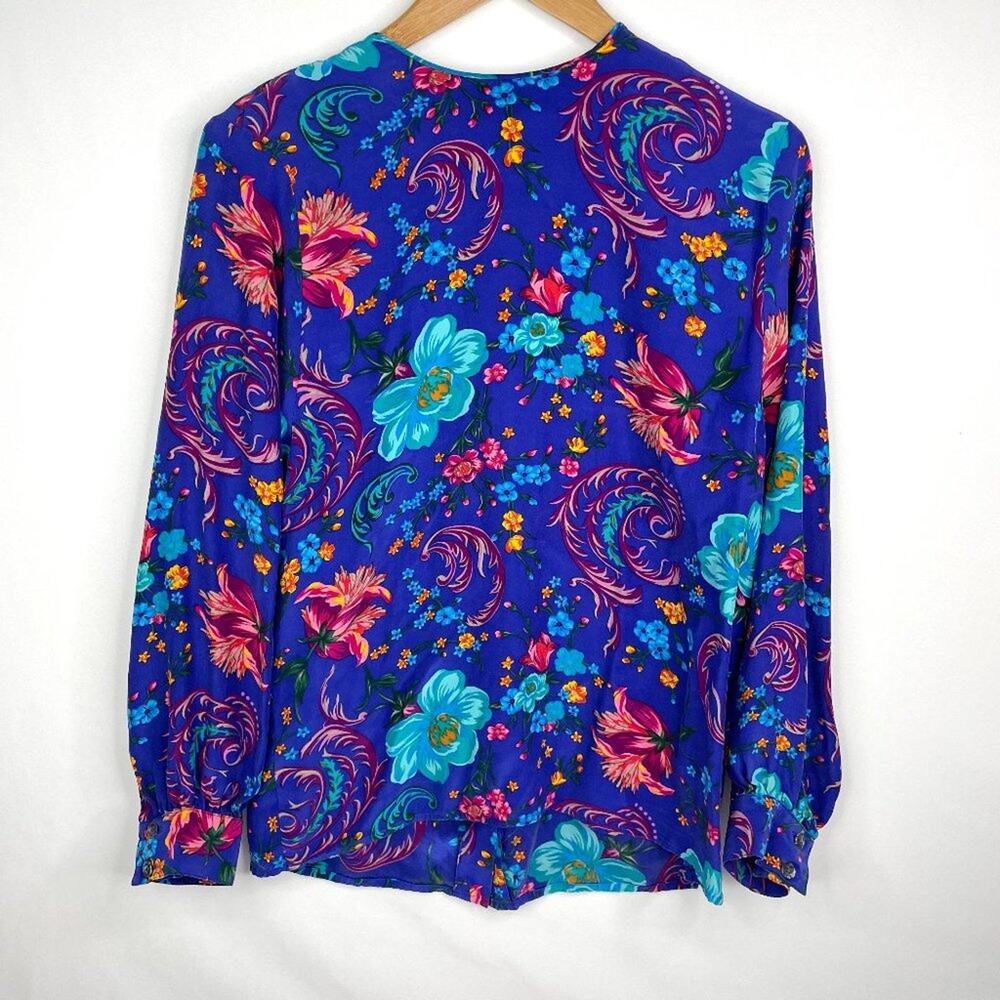 Vintage Bold Blue Floral Button Back Blouse Medium